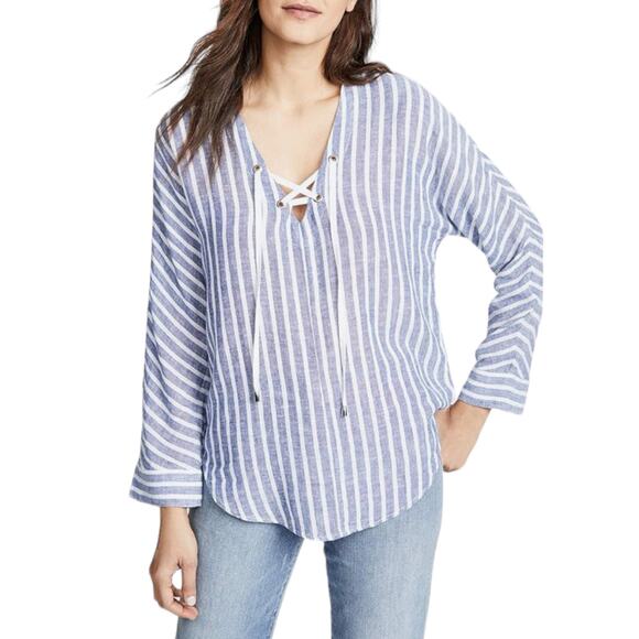 Rails Lily Top Striped Linen Blend Fisherman Core Tunic Parisian Blue Medium - Picture 2 of 10